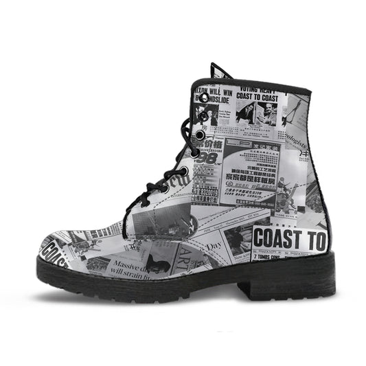 Newspaper Headlines Women's Vegan Leather Combat Boots