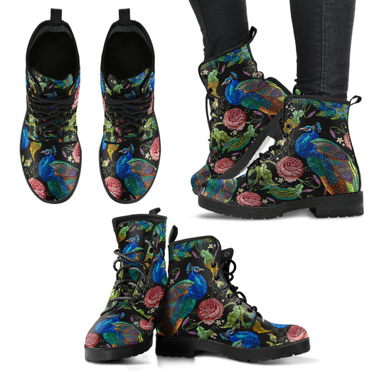 HandCrafted Artful Peacock Women's Vegan Leather Combat Boots