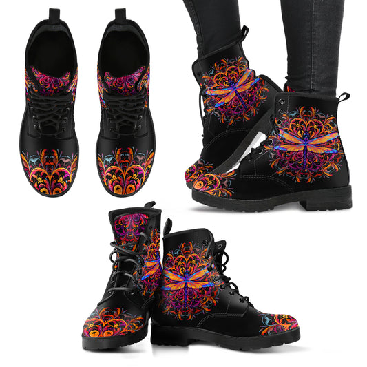 Colorful Mandala Dragonfly Handcrafted Women Vegan Leather Boots