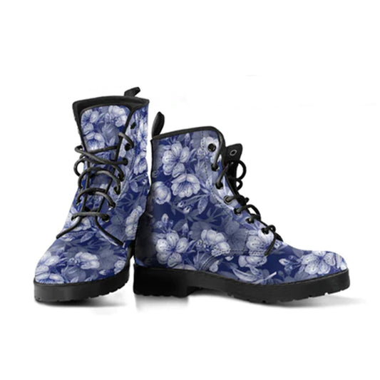 Cherry Blossoms in Blue Women's Vegan Combat Boots