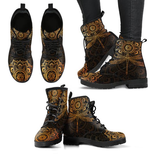 Mandala Dragonfly Rusty Gold Handcrafted Women Vegan Leather Boots