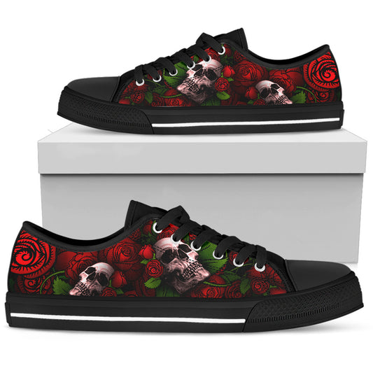 Skull and Red Roses Women's Low Top Sneakers