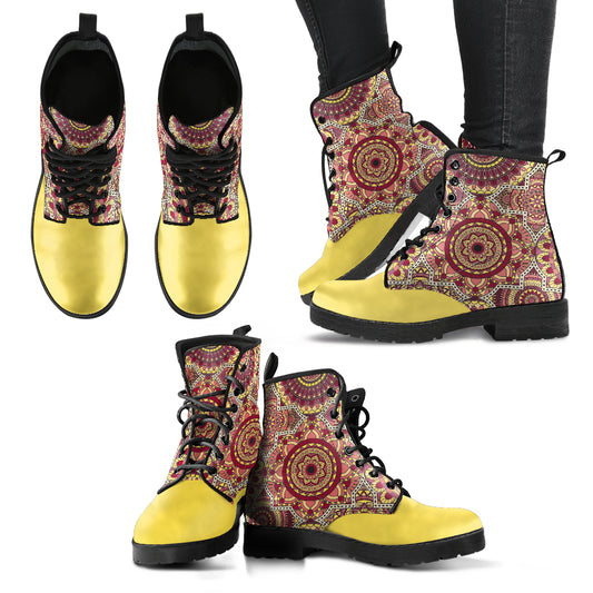 Yellow Mandala Ornaments Handcrafted Women's Combat Vegan Leather Boots