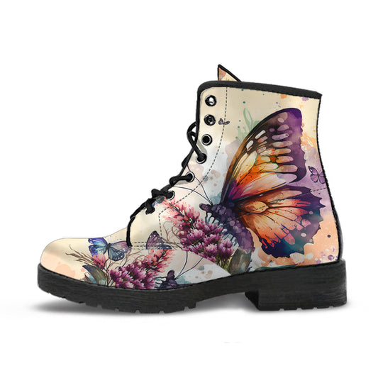 Watercolor butterfly Floral Women's Vegan Leather Combat Boots