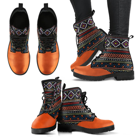 Aztec Pattern Handcrafted Women's Vegan Leather Combat Boots