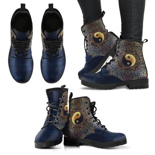 YinYang Mandala Handcrafted Women's Vegan Leather Combat Boots