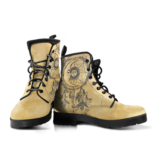 Beige Celestial Dream Catcher Women's Vegan Leather Combat Boots