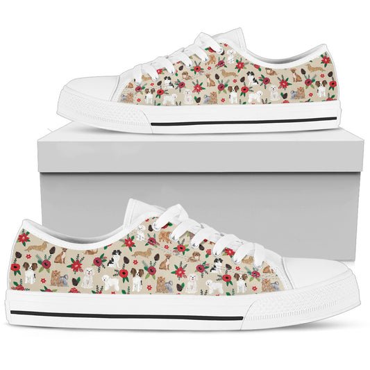 Dogs On Floral White Low Top Sneakers