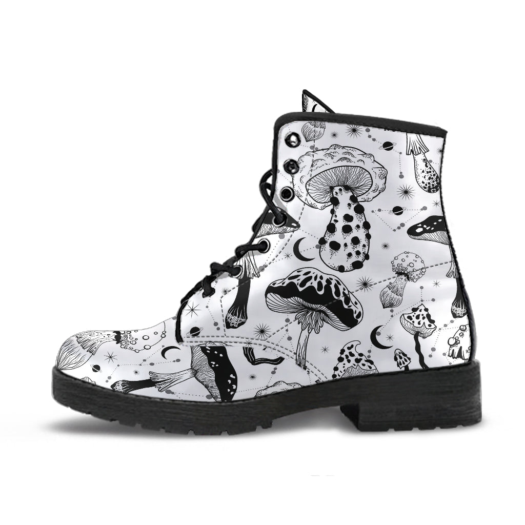 Black & White Mushrooms on Vegan Leather Boots