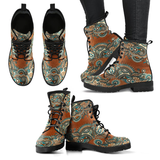Brown Paisley Handcrafted Women's Vegan Leather Combat Boots