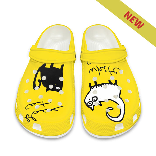 Black and White Cat on Yellow Women's Adult Clogs Shoes