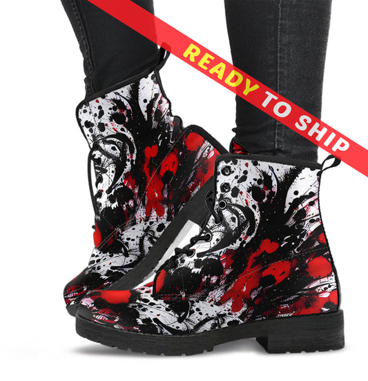 Red And Black Ink Splatter Vegan Leather Combat Boots - READY TO SHIP