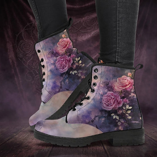 Vintage Dark Gothic Roses Women's Vegan Leather Combat Boots