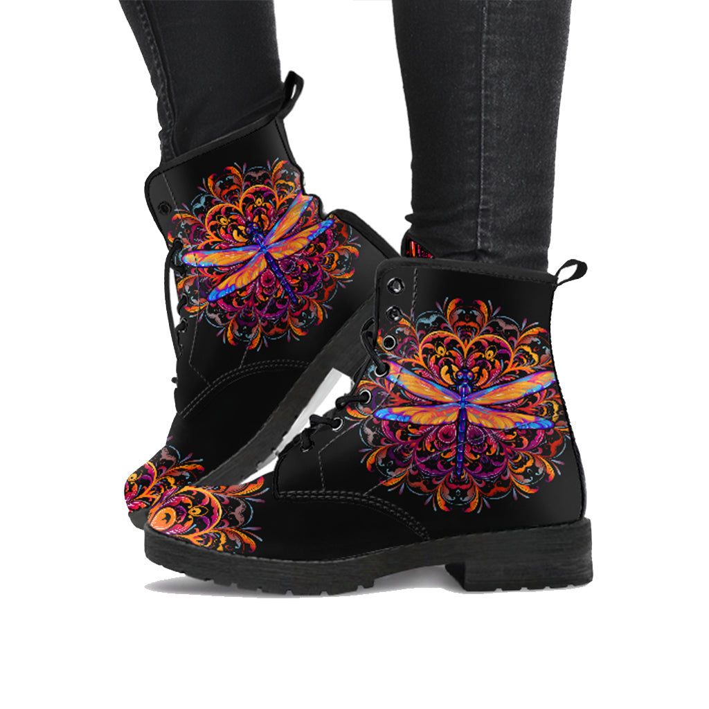 Colorful Mandala Dragonfly Handcrafted Women Vegan Leather Boots