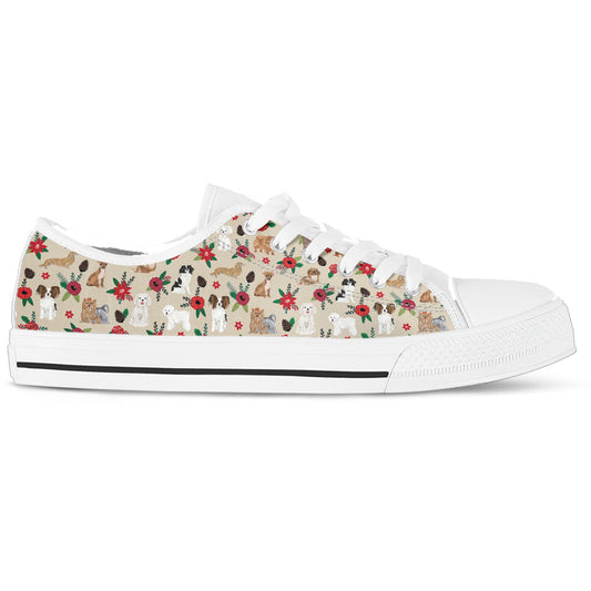 Dogs On Floral White Low Top Sneakers