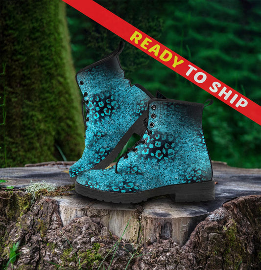 Teal, Black and Blue Leopard Spot Vegan Leather Boots - READY TO SHIP