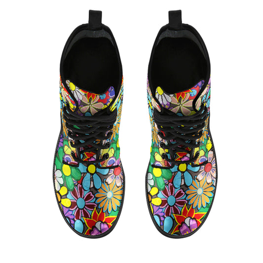 Hippie Flower Power Women's Vegan Leather Combat Boots