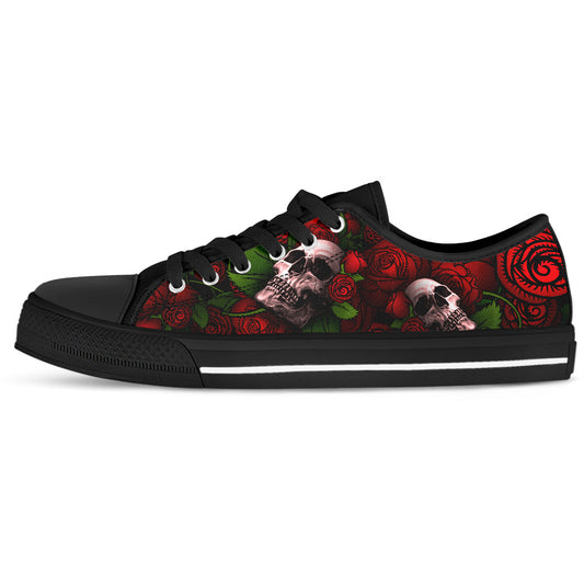 Skull and Red Roses Women's Low Top Sneakers
