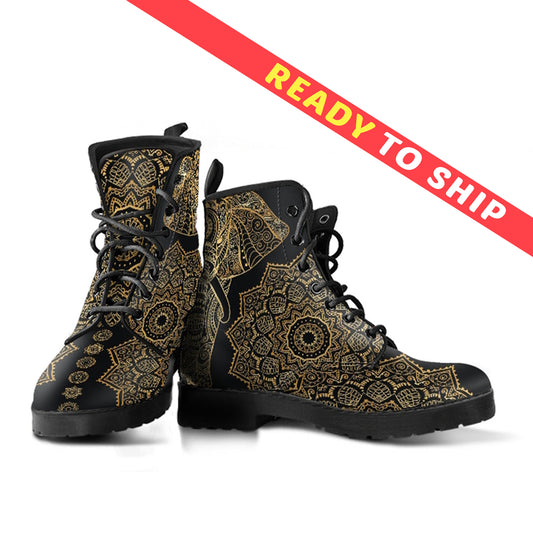 Elephant Mandala Vegan Leather Combat Boots - READY TO SHIP