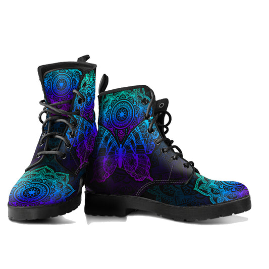 Handcrafted Mandala Butterfly Women's Vegan Leather Combat Boots