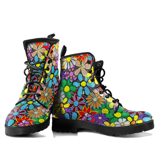 Hippie Flower Power Women's Vegan Leather Combat Boots