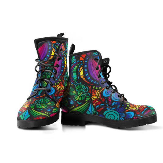 Mosaic Flower Handcrafted Women's Vegan Leather Combat Boots