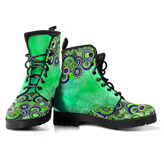 Green Paisley Mandala Handcrafted Women's Vegan Leather Boots
