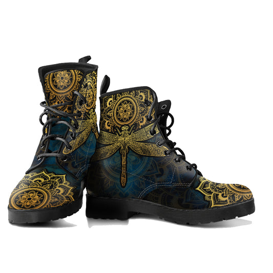 Mandala Dragonfly Gold Handcrafted Women Vegan Leather Boots