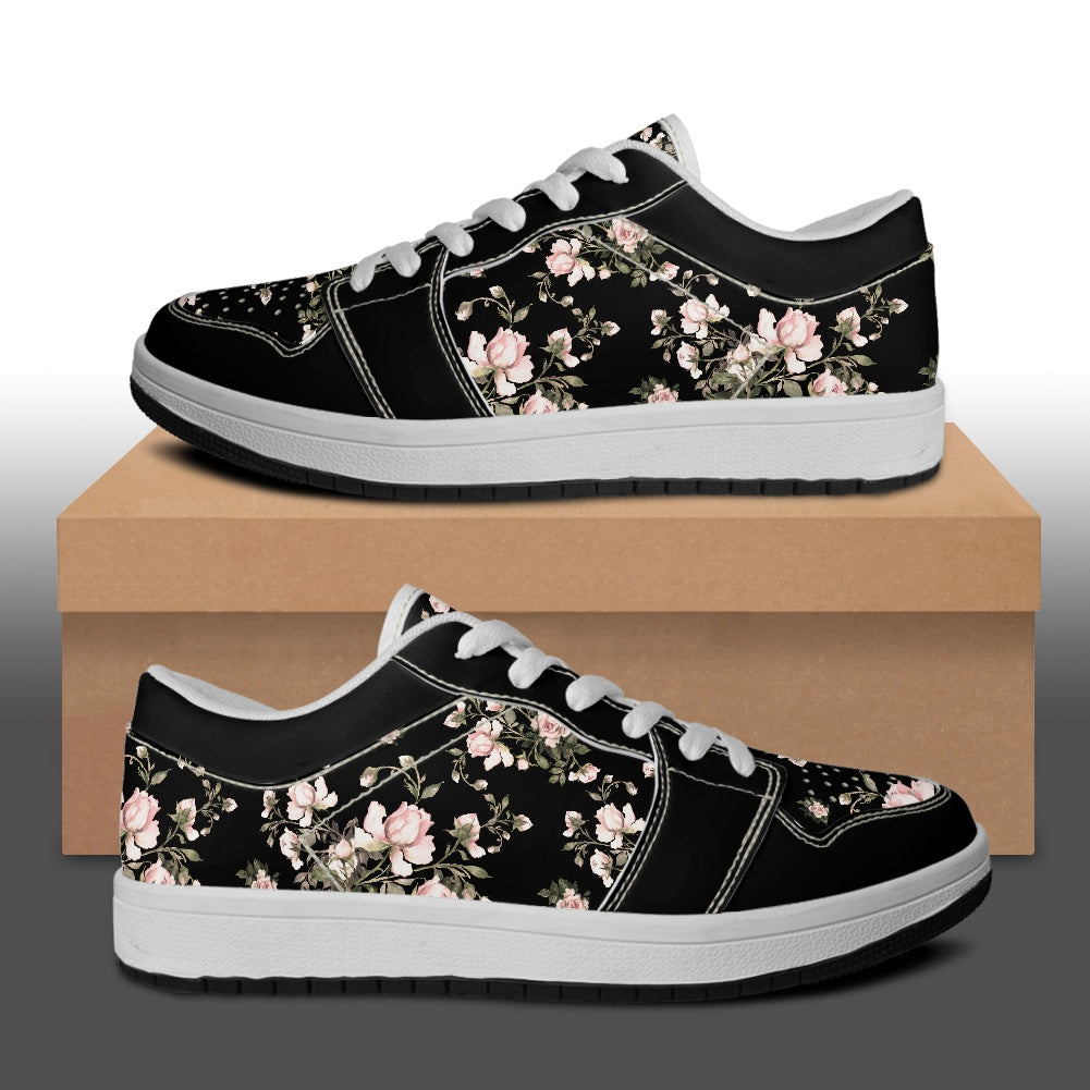 Black Floral Pattern Women s Low Top Vegan Leather Sneakers