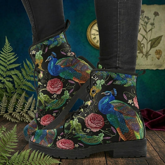 HandCrafted Artful Peacock Women's Vegan Leather Combat Boots