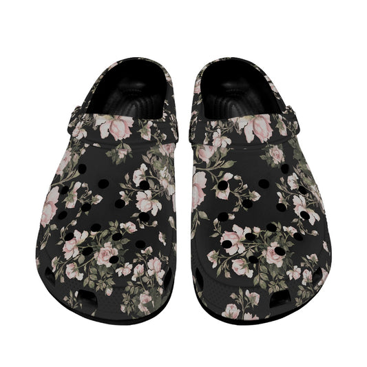 Black Floral Pattern Women's Clogs Style Black Sole