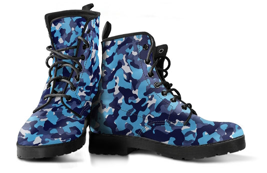 Blue Camouflage Women's Vegan Leather Combat Boots