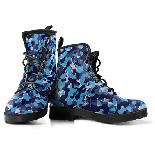 Blue Camouflage Women's Vegan Leather Combat Boots