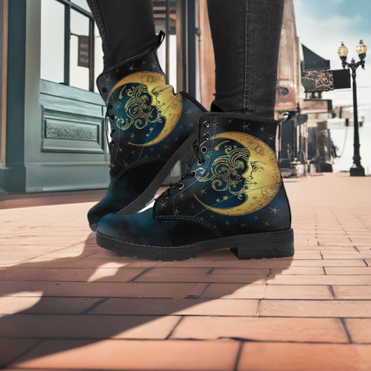 Celestial Moon Handcrafted Vegan Leather Combat Boots