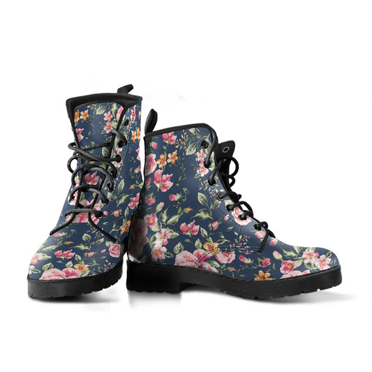 Perfect Pink Petals on Muted Blue Women's Vegan Leather Combat Boots