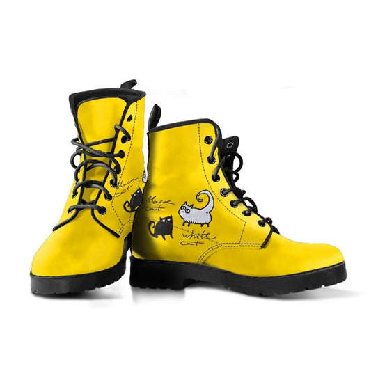 White Cat, Black Cat, Yellow Women's Vegan Leather Combat Boots