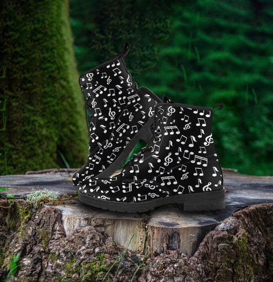 Black Music Notes Design Women's Vegan Leather Boots
