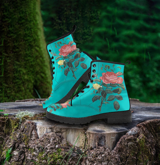 Blue Rose Floral Print Women's Vegan leather Combat Boots