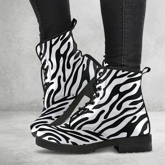 Zebra Stripe Women's Vegan Leather Combat Boots