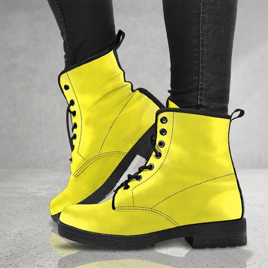 Lemon Yellow Women's Vegan Leather Combat Boots