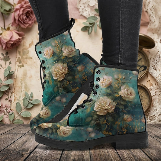 Antique Emerald Romance Women's Vegan Leather Combat Boots