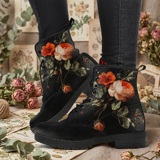 Still Life with Roses Women's Vegan Leather Combat Boots
