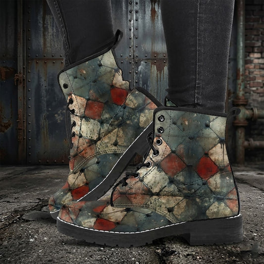 Rustic Grid Patina Women's Vegan Leather Combat Boots