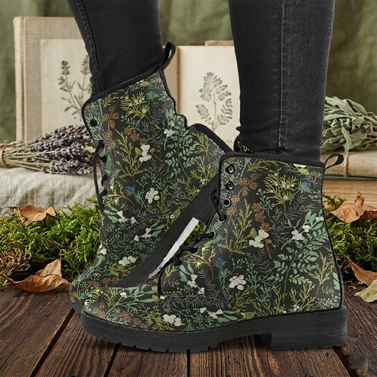 Cottagecore Green Witchy Women's Vegan Leather Combat Boots