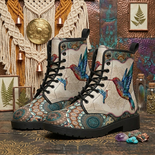Hummingbird Vintage Mandala Women's Vegan Leather Combat Boots
