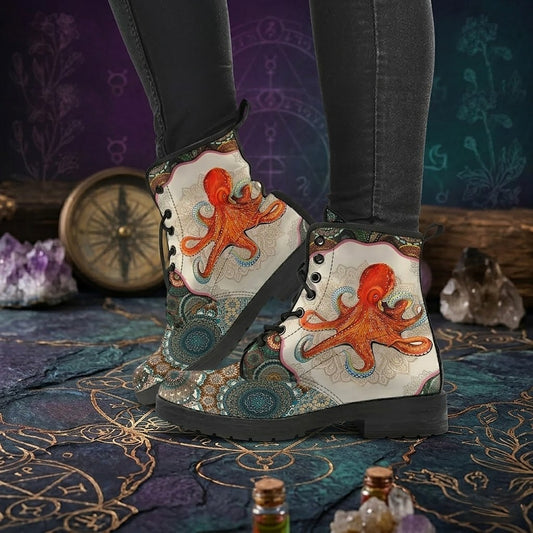 Octopus Hummingbird Vintage Mandala Women's Vegan Leather Combat Boots
