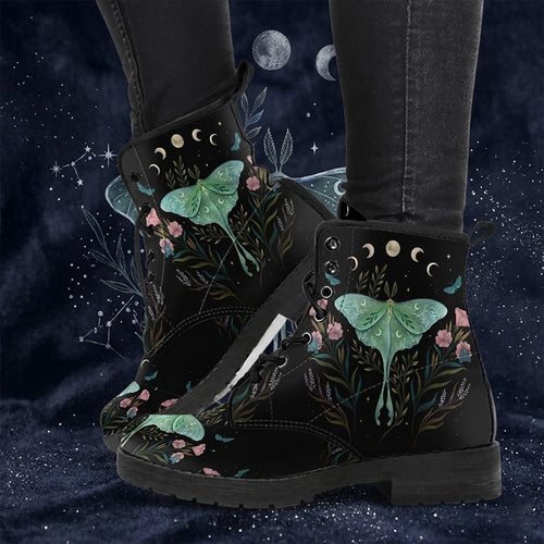 Luna Moth Moon Phase Women's Vegan Leather Combat Boots