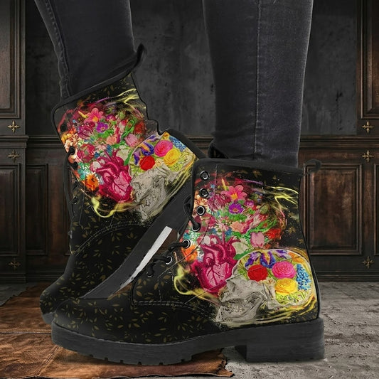 Heart and Skull Head Floral Women's Vegan Leather Combat Boots