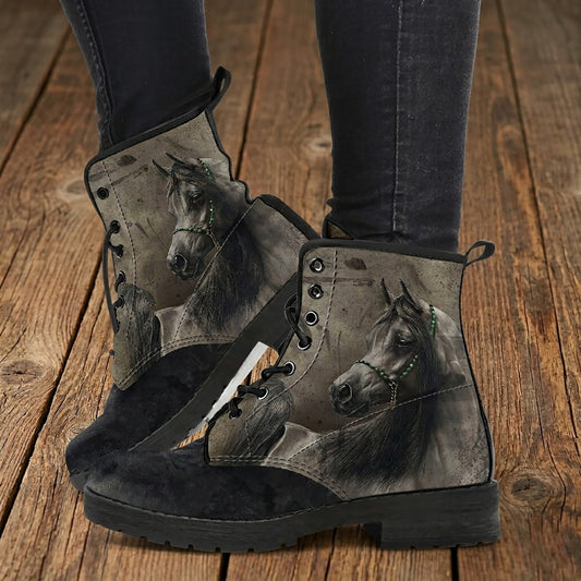 Classic Horse Head in Grey and Black Vegan Leather Boots
