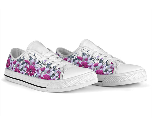 Purple Pink White Flowers Women Low Top Sneakers